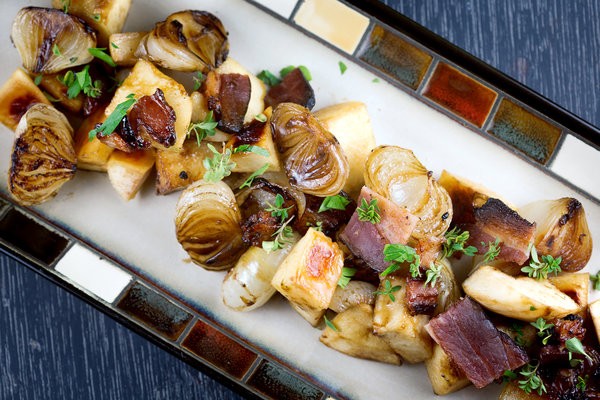 Quince with cipollini onions and bacon