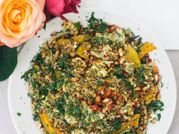 Quinoa & buttercup salad with tahini & pomegranate dressing