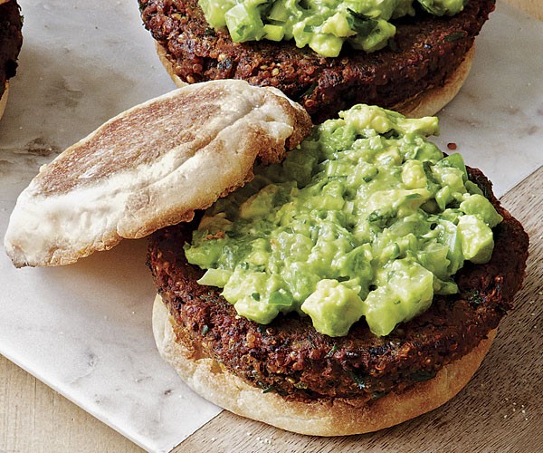 Quinoa and black bean burgers with tomatillo guacamole