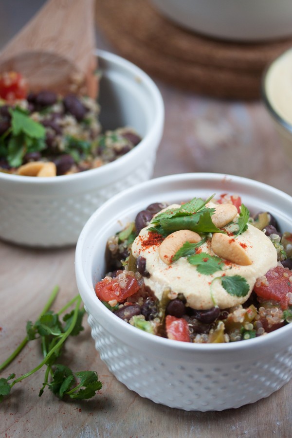 Quinoa and black beans with cashew queso sauce