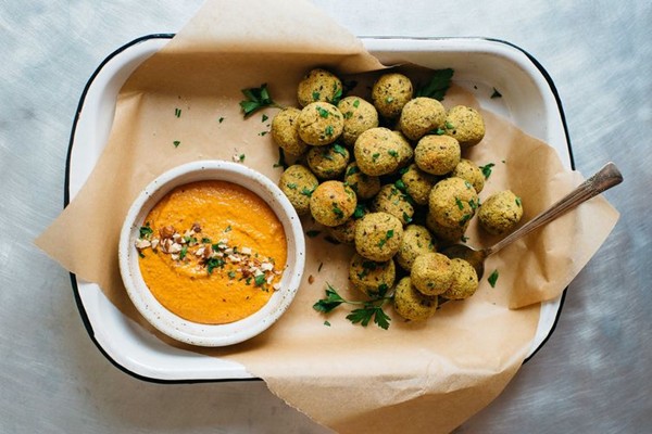 Quinoa and chickpea flour falafel with romesco sauce