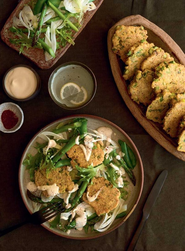 Quinoa asparagus fritters with lemon-tahini yoghurt & sumac
