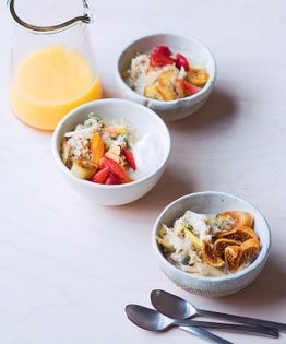Quinoa Bircher breakfast bowl with caramelised bananas & coconut yoghurt