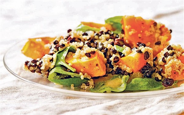 Quinoa, black lentil, pumpkin & spinach salad