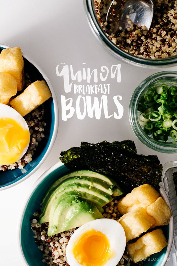 Quinoa brunch bowl with six minute soft boiled eggs, creamy avocado, tofu puffs and a miso mustard dressing