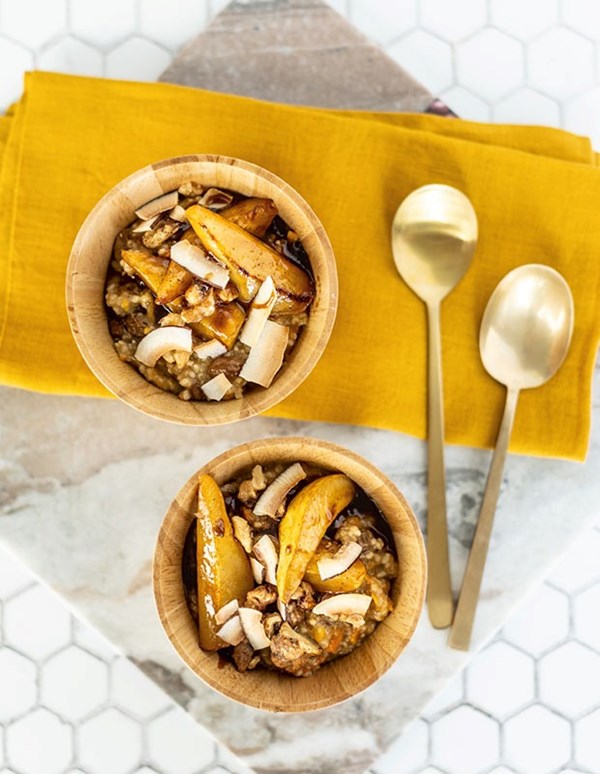 Quinoa carrot oatmeal with maple syrup caramelized pears