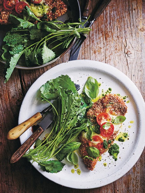 Quinoa chicken Parmigiana with kale pesto