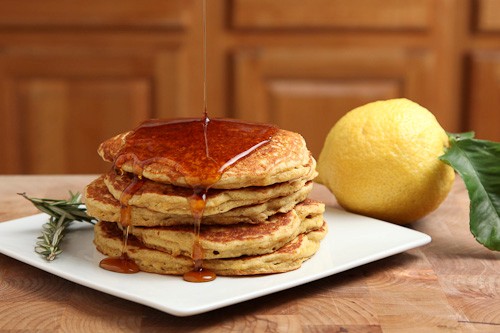 Quinoa cornmeal lemon honey pancakes with rosemary infused maple syrup