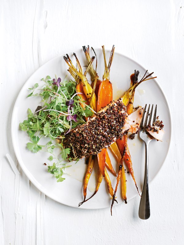Quinoa-crumbed salmon with glazed carrots