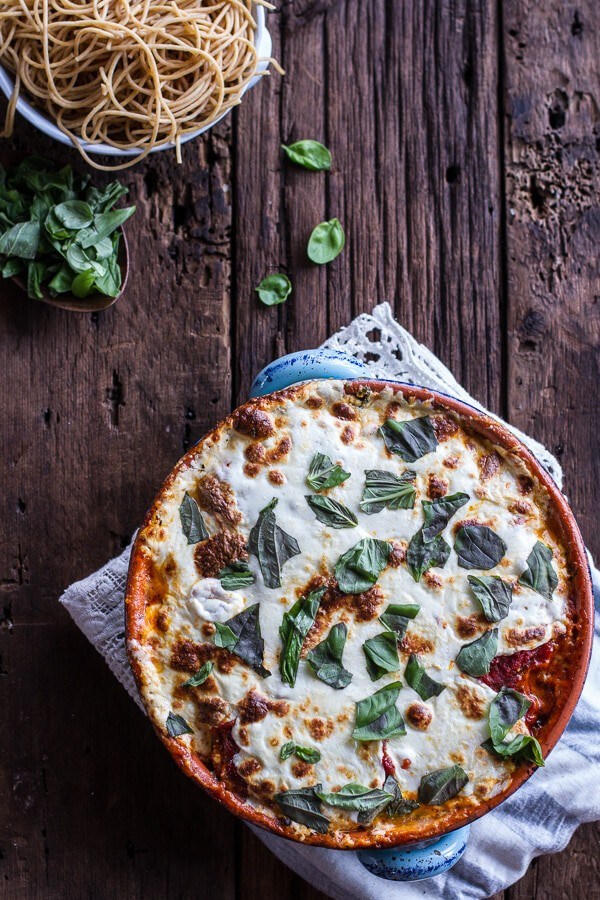 Quinoa crusted baked three-cheese zucchini and eggplant Parmesan