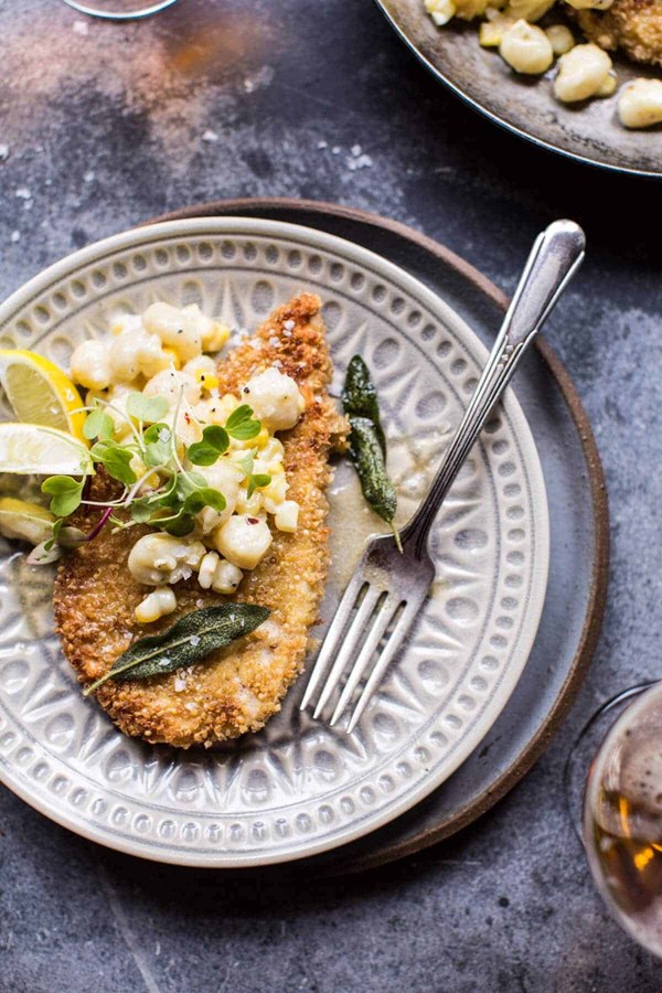 Quinoa crusted schnitzel with creamed corn gnocchi