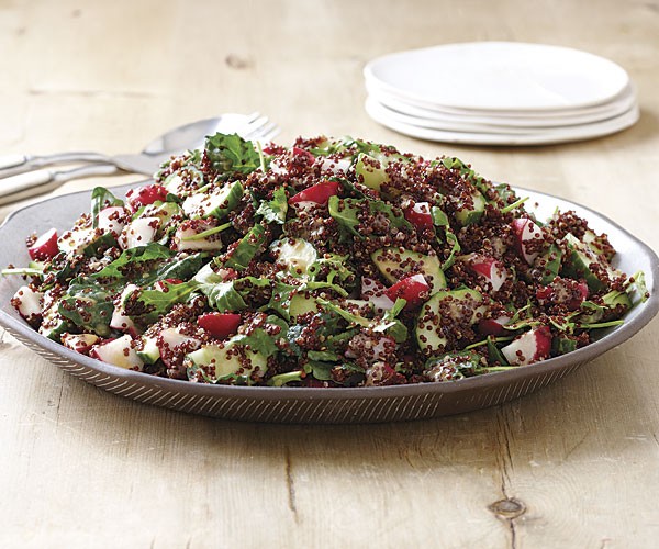 Quinoa, cucumber, and radish salad with miso vinaigrette