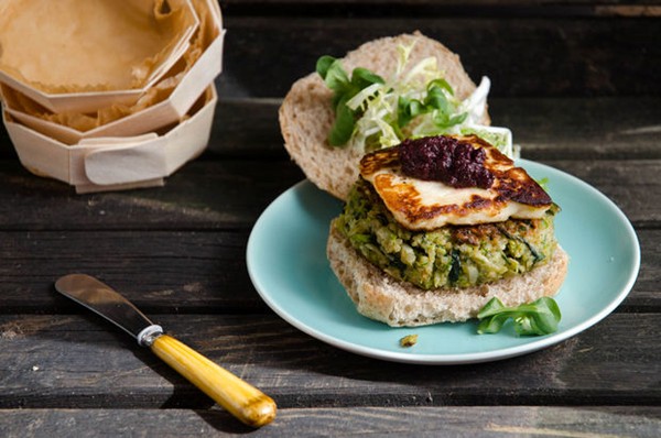 Quinoa, fava bean, and chard veggie burgers