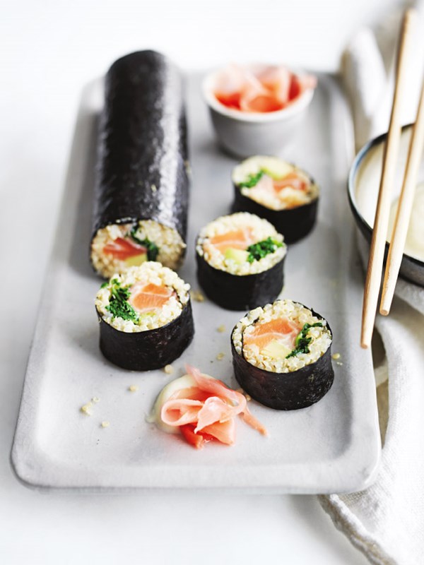 Quinoa, kale and salmon sushi rolls with wasabi-tofu mayonnaise