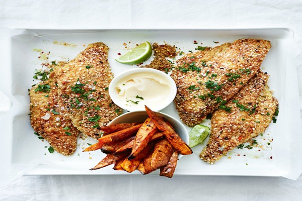 Quinoa, lime and chilli-crumbed snapper with sweet potato wedges