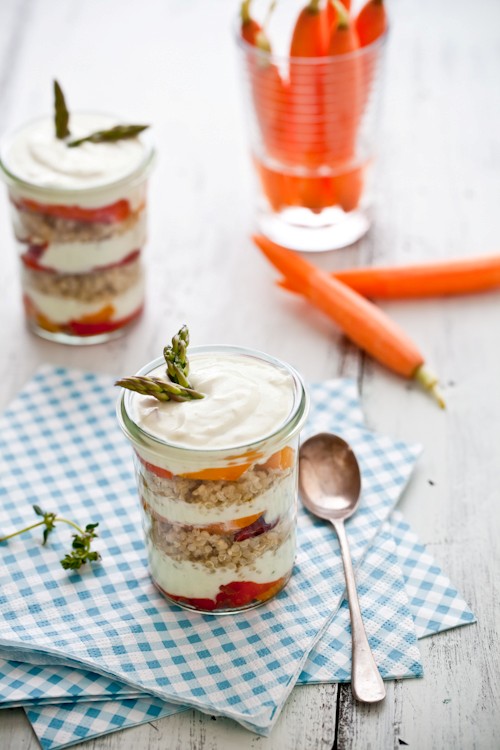 Quinoa, mixed peppers and avocado cream verrines
