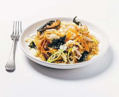 Quinoa, mushroom + soy bowl w crispy fried egg