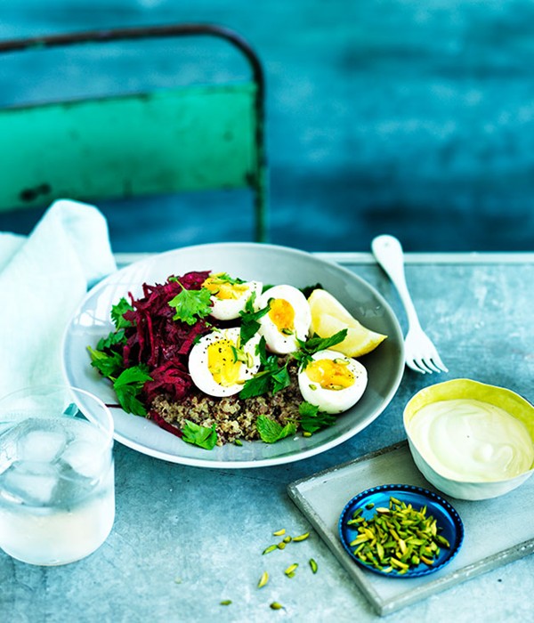 Quinoa pilaf with beetroot, egg and tahini yoghurt