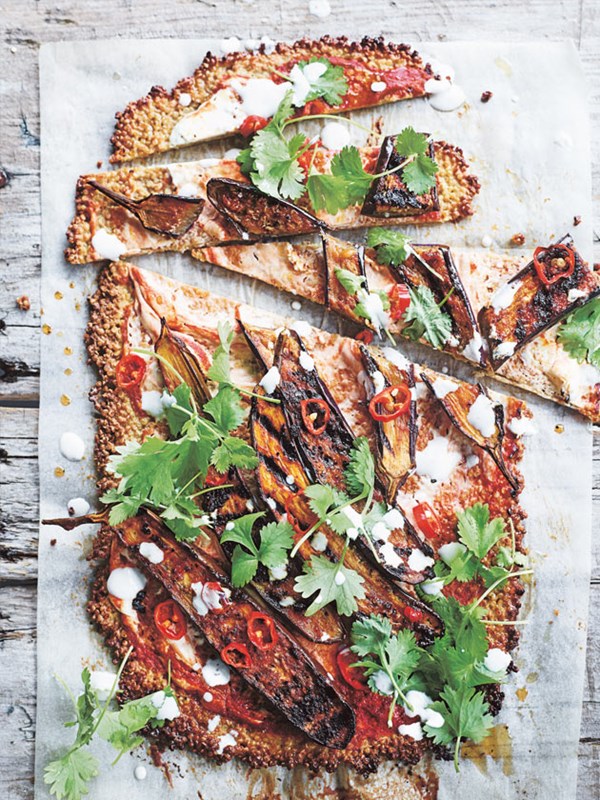 Quinoa pizza with grilled harissa eggplant and labne