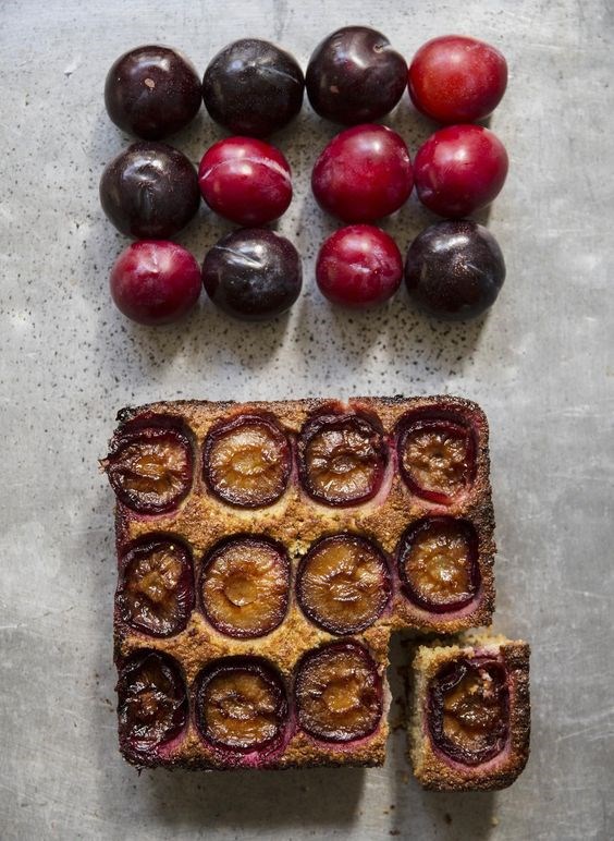 Quinoa, plum and cardamom frangipane pudding