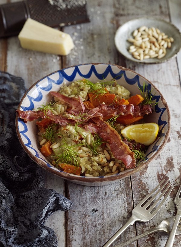 Quinoa risotto, roasted pumpkin and crispy bacon