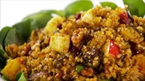 Quinoa, roasted eggplant, and apple salad with cumin vinaigrette
