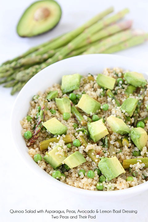 Quinoa salad with asparagus, peas, avocado & lemon basil dressing
