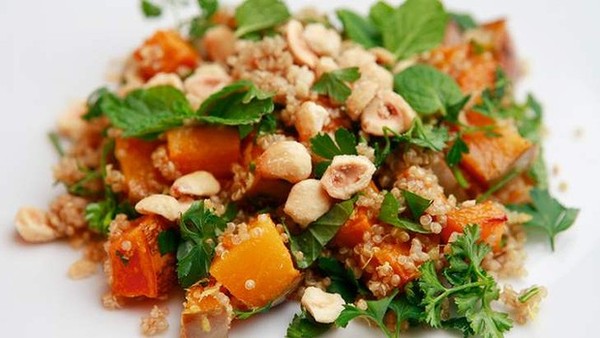 Quinoa salad with crispy roast pumpkin and hazelnuts