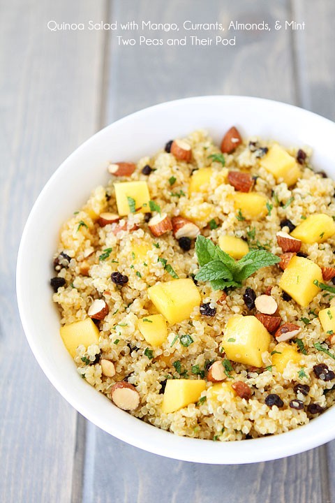 Quinoa salad with mango, currants, almonds, & mint