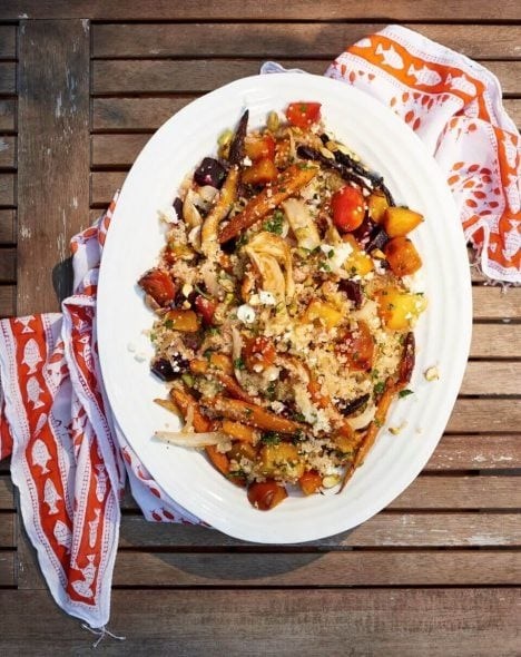 Quinoa salad with roast vegetables, feta, and herbs