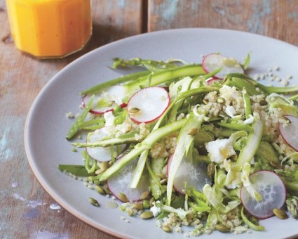 Quinoa salad with shaved raw vegetables and carrot-ginger dressing