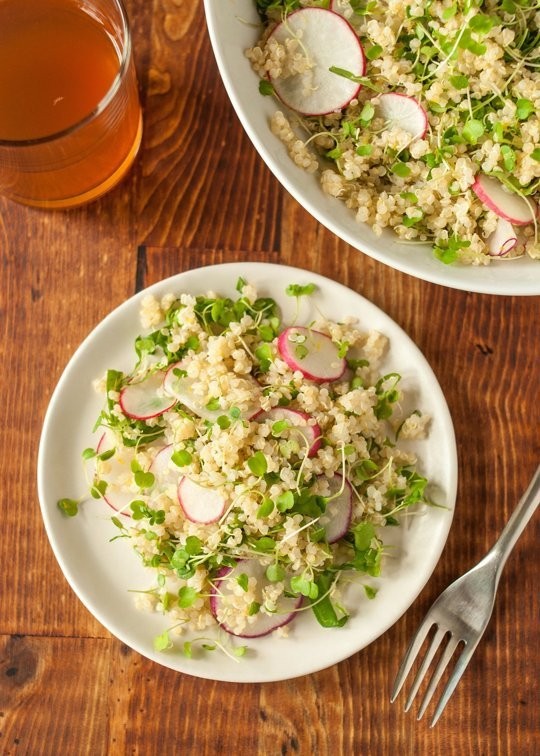 Quinoa salad with spring radishes and greens