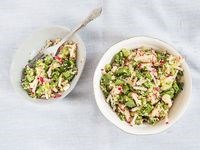 Quinoa salad with sugar snap peas, scallions, and mint