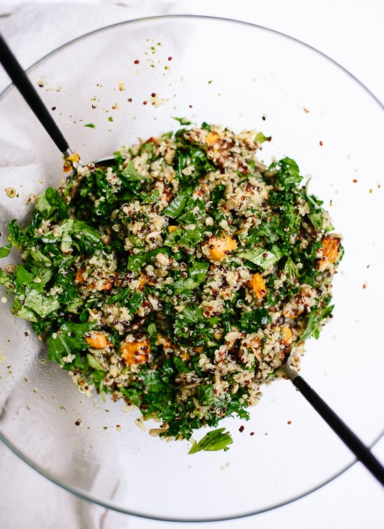 Quinoa salad with sweet potatoes, kale, and pesto vinaigrette