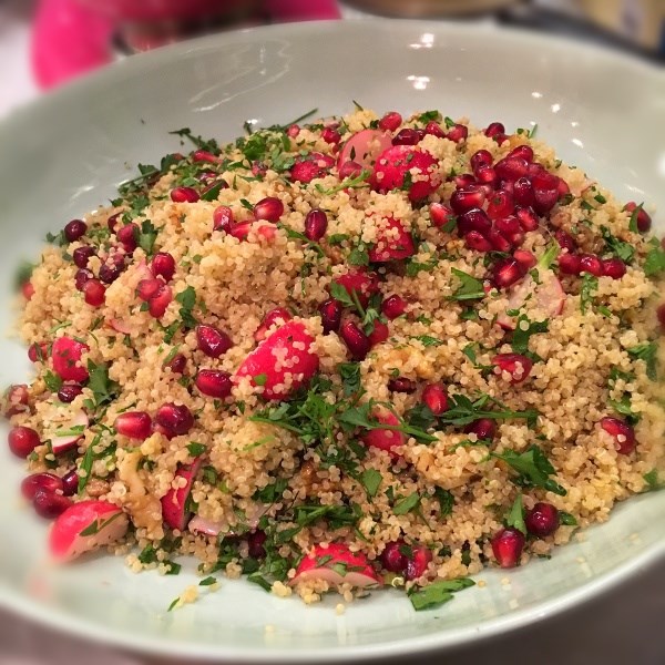 Quinoa salad with walnuts, radishes and pomegranate seeds