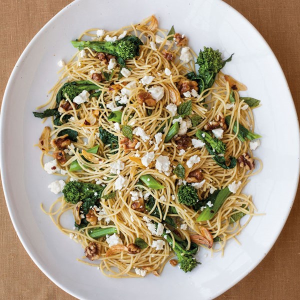 Quinoa spaghetti with broccoli rabe, feta, and mint