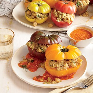 Quinoa-stuffed heirloom tomatoes with romesco
