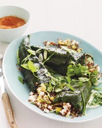 Quinoa-stuffed poblanos with grilled romesco sauce