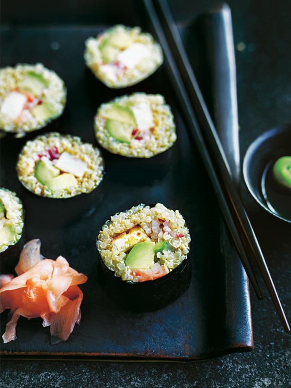 Quinoa sushi with chilli tofu and avocado