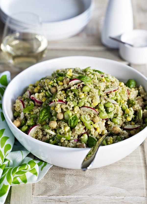 Quinoa, sweetcorn and edamame bean salad with honey, lime and basil dressing