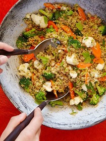Quinoa with broccoli, cauliflower and toasted coconut