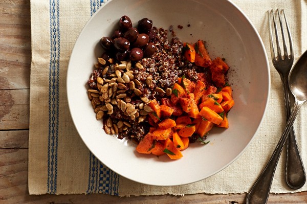 Quinoa with mint- and parsley-dressed carrots, olives, toasted sunflower seeds, and sumac