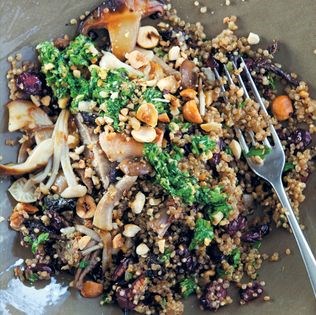 Quinoa with parsley pesto, cranberries, toasted hazelnuts and mushrooms