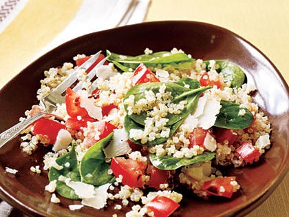 Quinoa with roasted garlic, tomatoes, and spinach