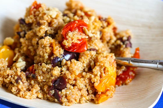 Quinoa with roasted tomatoes, walnuts and olives
