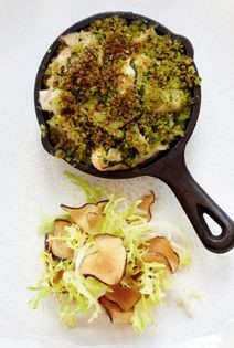 Rabbit crumble with wild garlic crust (Wild rabbit, langoustine and Jerusalem artichoke crumble with wild garlic crust)