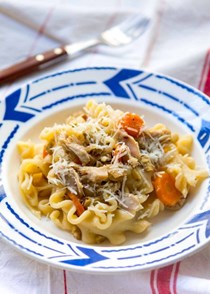 Rabbit pasta with green olives, fennel, and preserved lemons