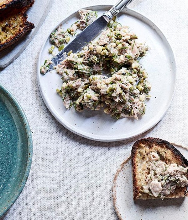 Rabbit rillettes, sage, sprouts and seeds