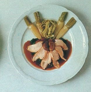 Rabbit with glazed turnips and greens (Baron de lapereau mange-tout)