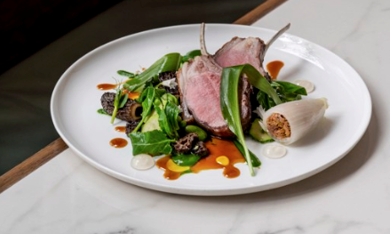 Rack of Cornish lamb with braised shoulder, courgettes, morels and wild garlic